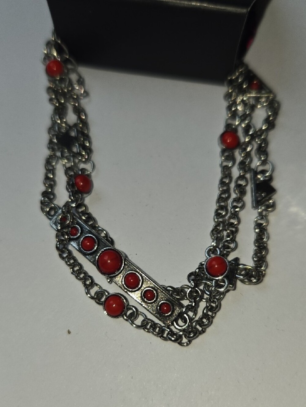 Paparazzi Silver-Tone Layered Necklace and Coral Red Stone Ring Set - Picture 2 of 3